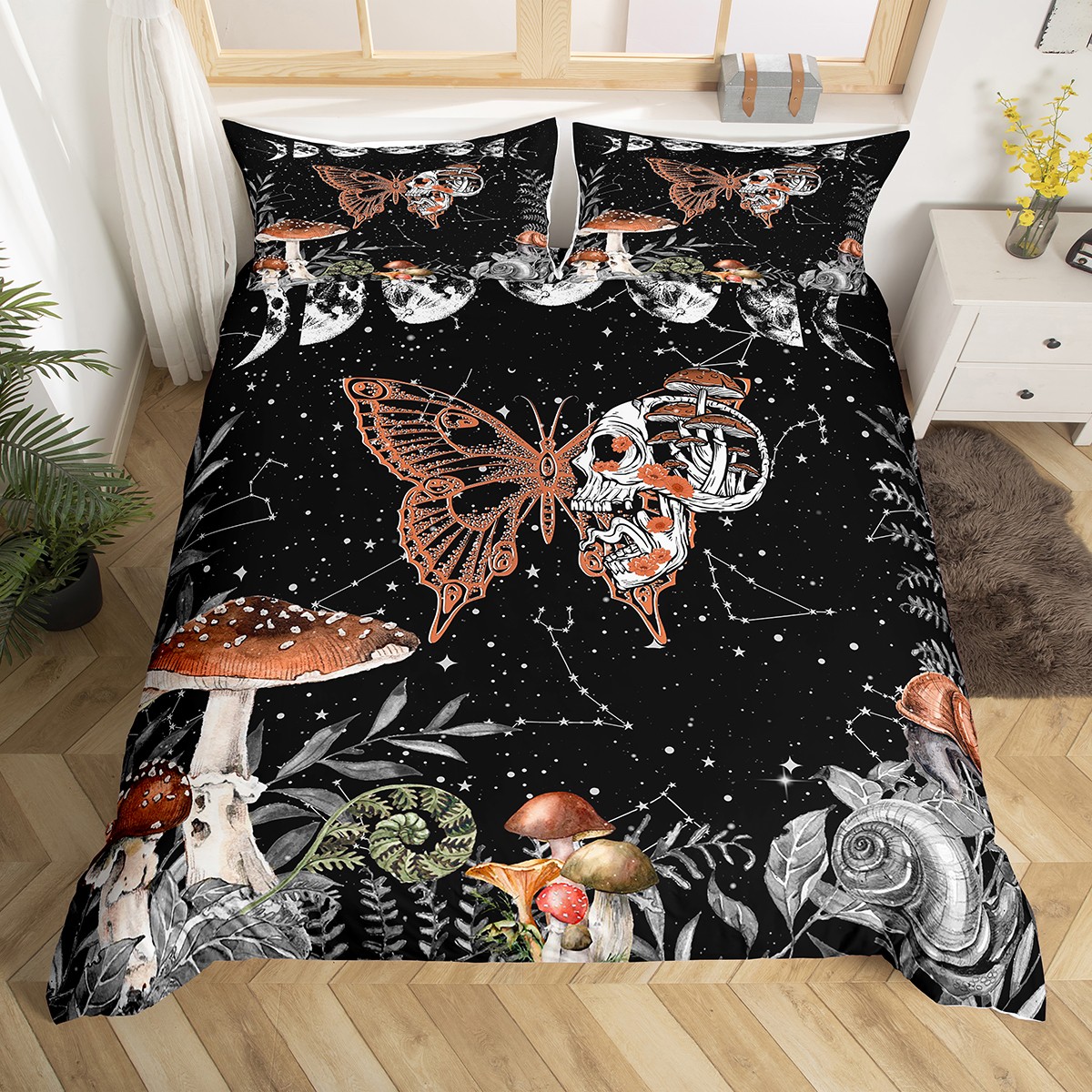 YST Moth Skull Decor Bedding Set Sun and Moon Skeleton Bones Duvet