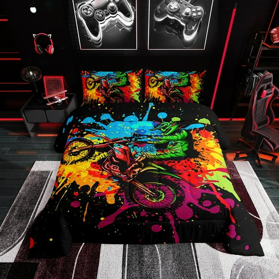 YST Motocross Bedding Sets for Boys Queen Size Motorcycle Racer Comforter Set Extreme Sport Tie Dye Down Comforter Dirt Bike Motor Vehicles Biker Duvet Insert 3Pcs for Kids Car Game Room Decor