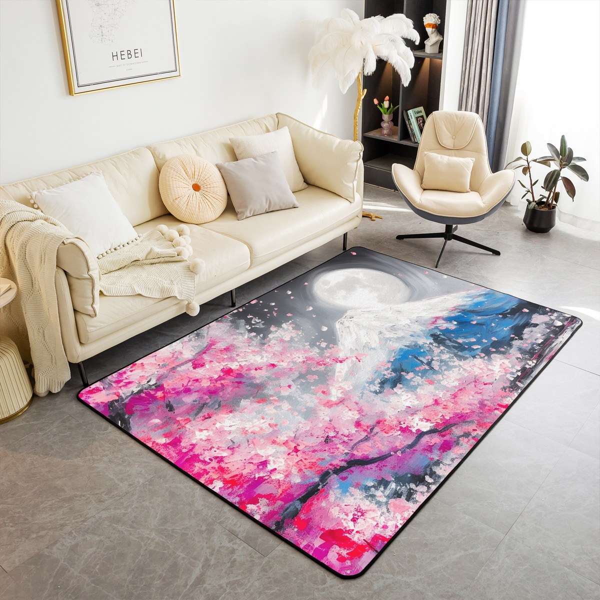 YST Mount Fuji Rug,Cherry Blossom Area Rug Japanese Style UkiyoE