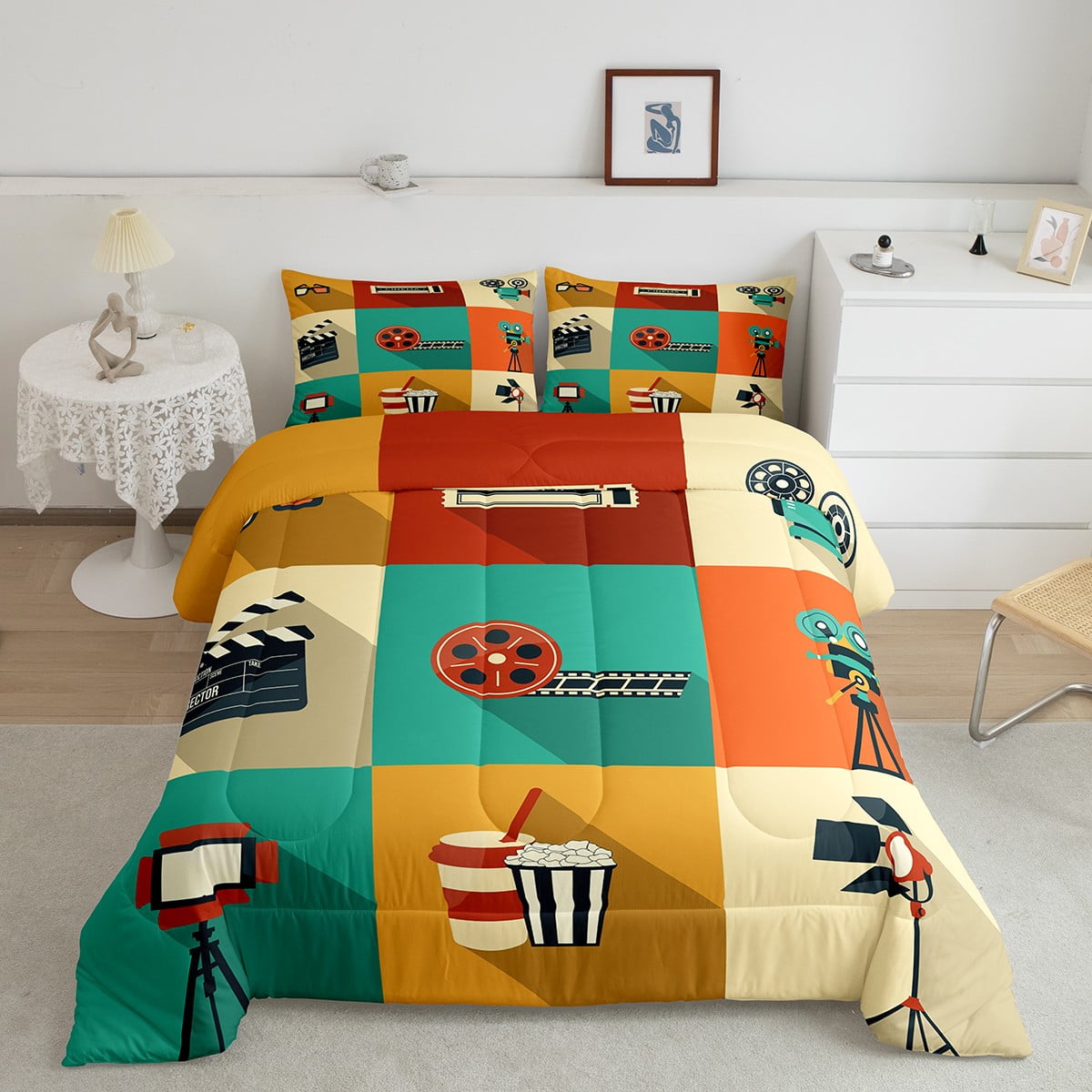 YST Movie Theater Comforter Set Twin Vintage Cinema Theme Bedding Set