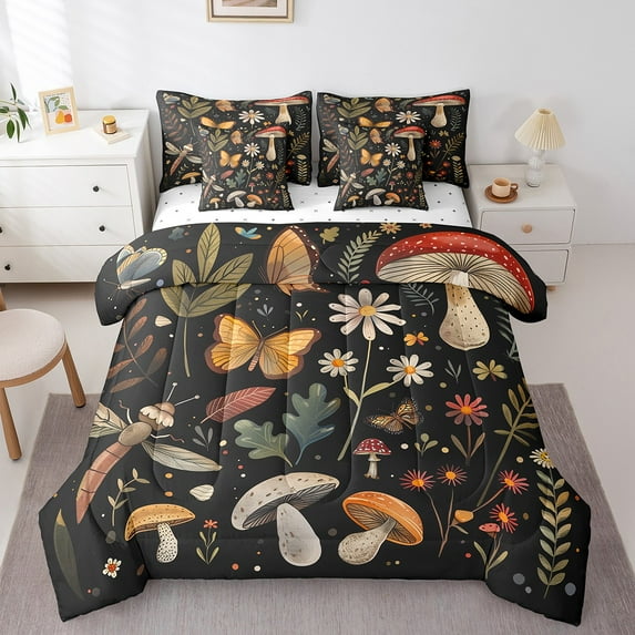 Erosebridal Mushroom Bed In A Bag Dragonfly Butterfly Bedding Set 7 Pcs Jungle Wildflower Bedding Comforter Sets Twin Size Natural Rustic Fungus Plant Comforter Set with Pillowcases,Soft Warm