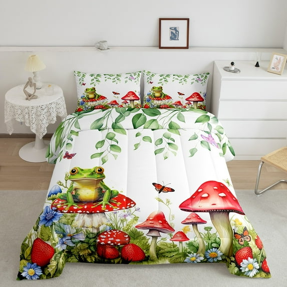 Erosebridal Mushroom Comforter Set Twin,Boho Frog Mushroom Bedding Sets Teens,Cartoon Wild Plant Bed Set,Strawberry Floral Decor Red Green Down Comforter Farmhouse Room Decor,2 Piece