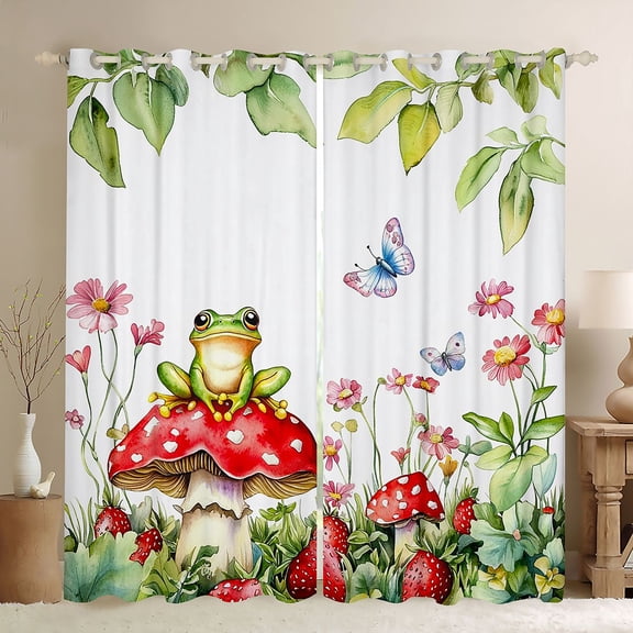 Erosebridal Mushroom Curtains,Boho Frog Mushroom Blackout Curtains for Living Room,Cartoon Wild Plant Window Treatments,Strawberry Floral Decor Red Green Curtains Drapes Farmhouse Room Decor 38"X45"