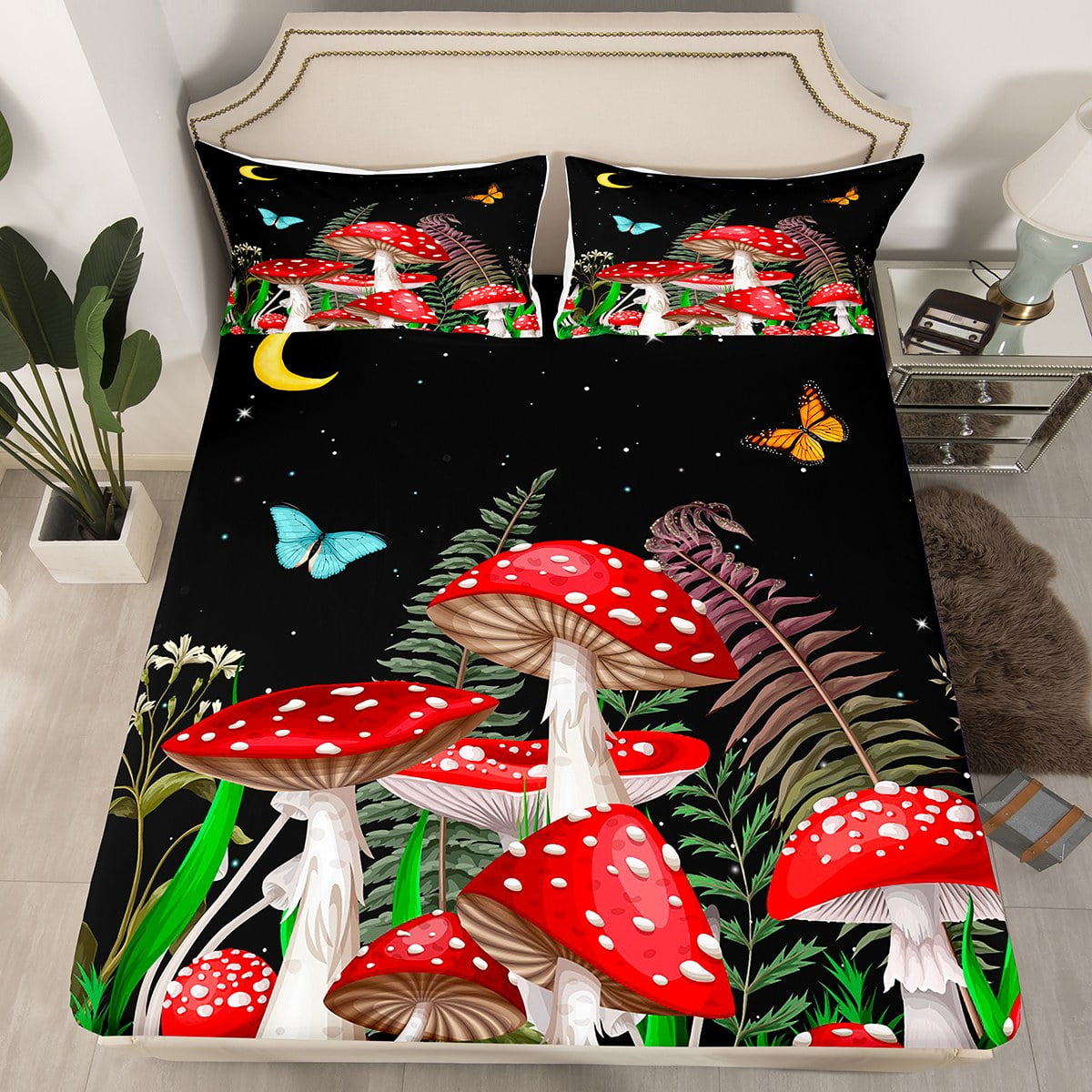 YST Mushroom Fitted Sheet Natural Botanical Fungus Bed Sheets Red