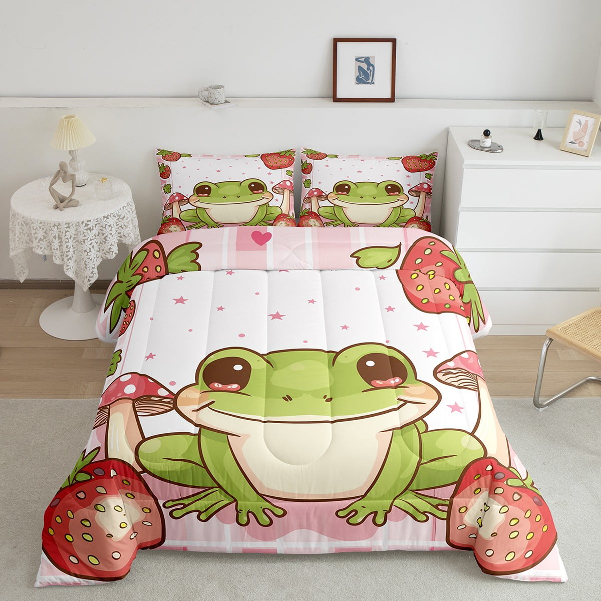 YST Mushroom Frog Bedding Set Queen Cute Strawberry Comforter For Kids ...