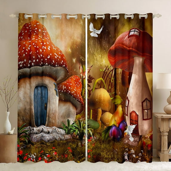 Erosebridal Mushroom World Blackout Curtains Fantasy Enchanted forest Wonderland Theme Window Treatments, Natural Big Mushroom Wild Fungus Fairytale Curtains & Drapes 38''Wx54''L
