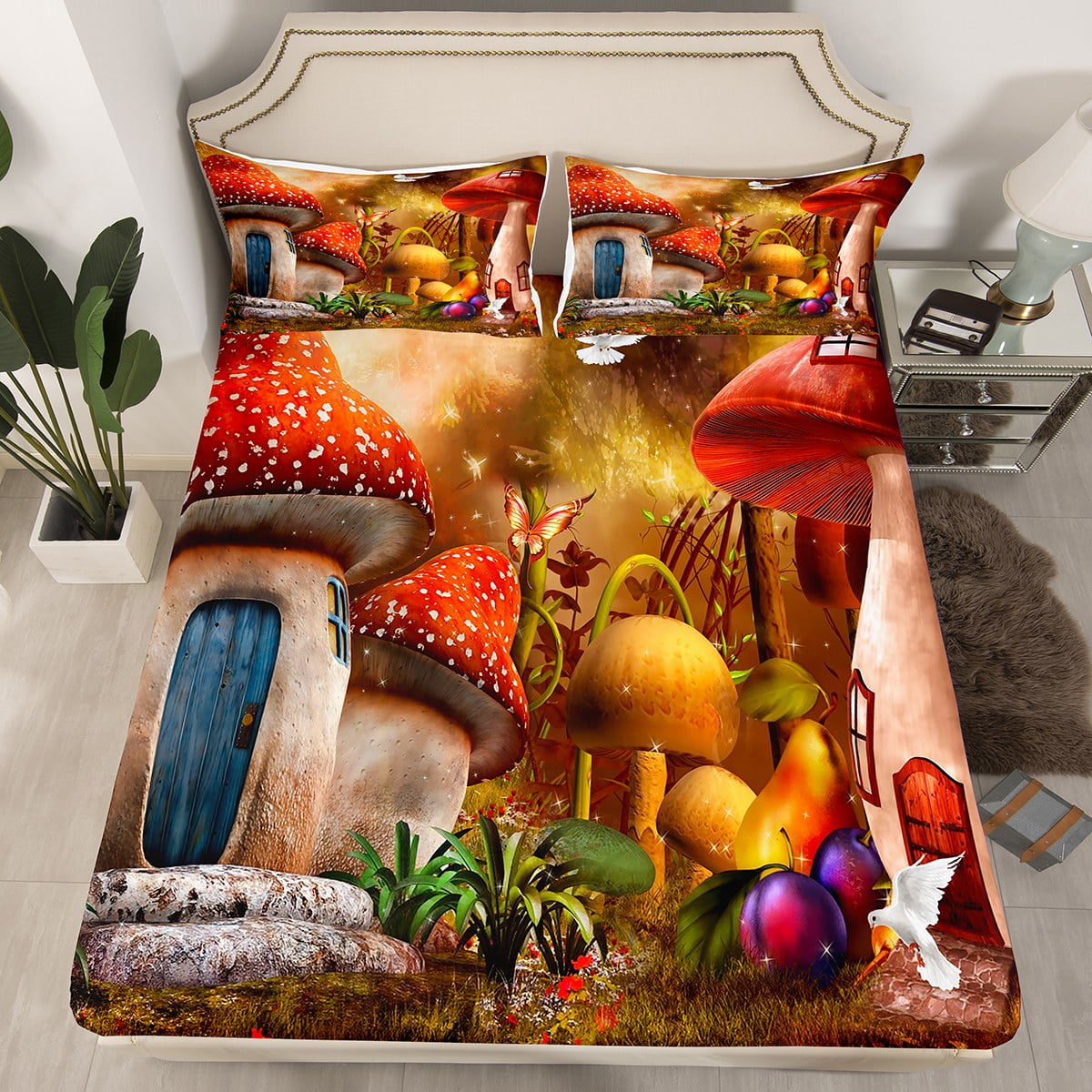 YST Mushroom World Fitted Sheet Fantasy Enchanted forest Wonderland