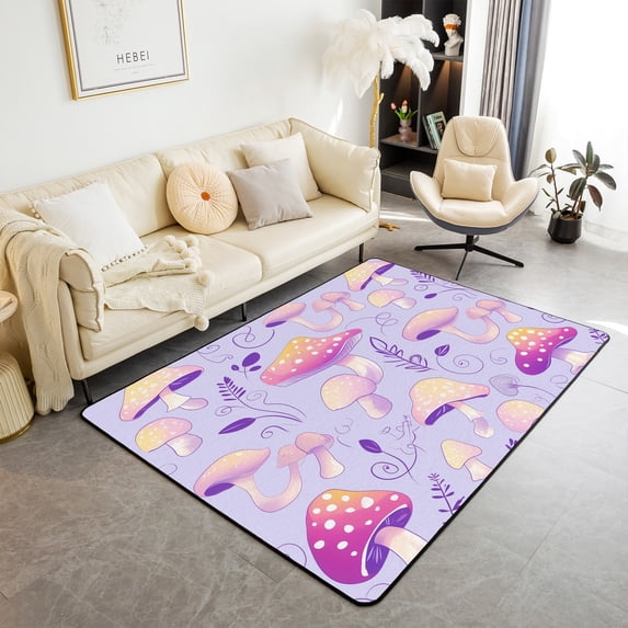 Erosebridal Mushrooms Area Rug 3x5,Cartoon Mushroom Carpet ,Wild Mushroom Indoor Floor Mat Bedroom Decor,Jungle Weed Botanical Decorative Rug Indoor Outdoor,Purple