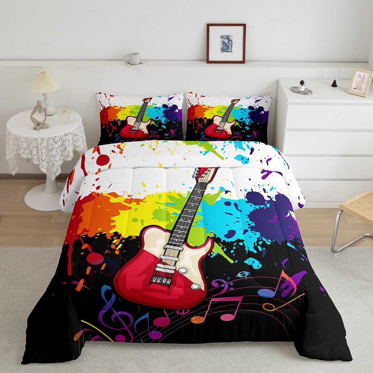 YST Music Theme Bedding Set Queen Rainbow Tie Dye Comforter