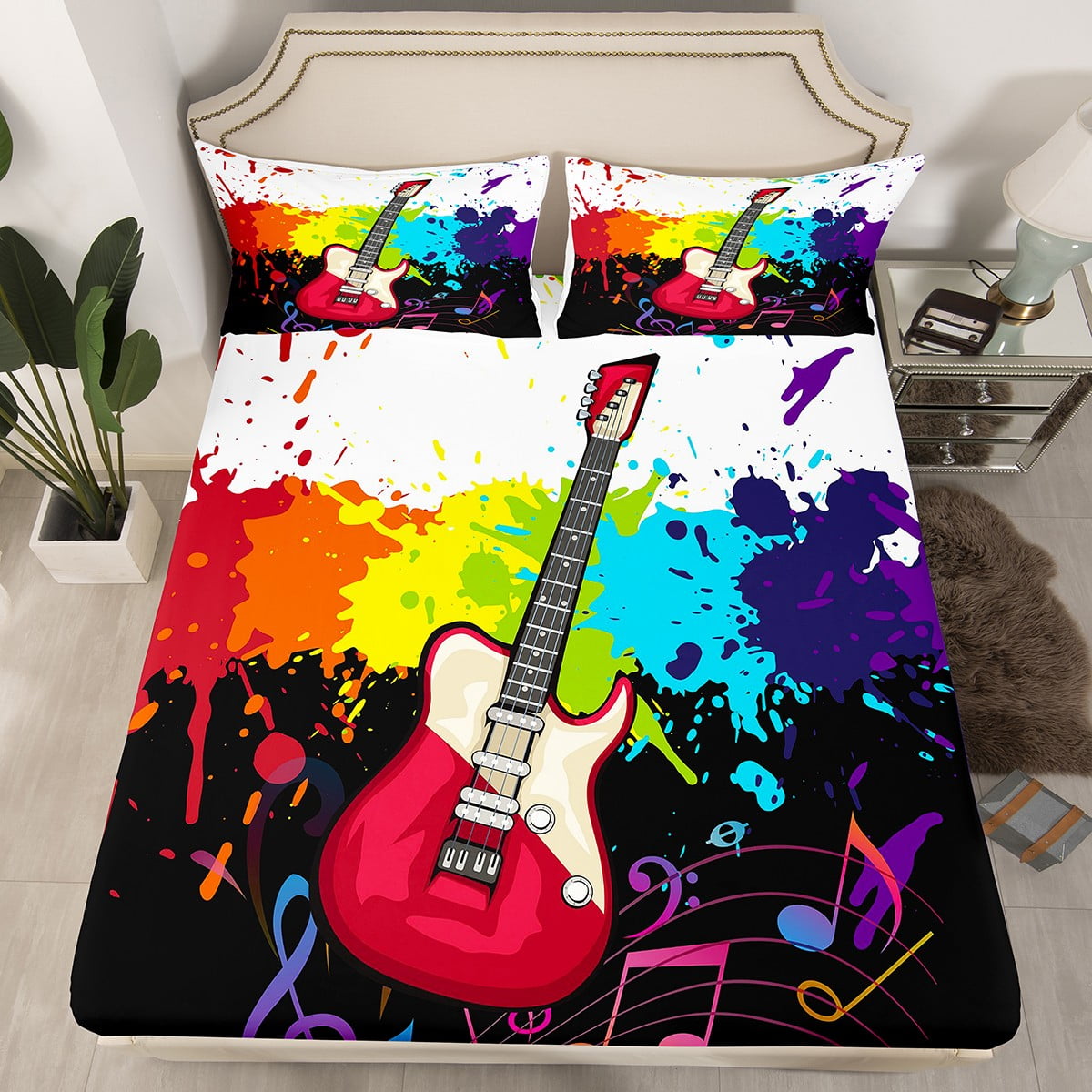 YST Music Theme Queen Sheets Rainbow Tie Dye Bed Sheets, Electric