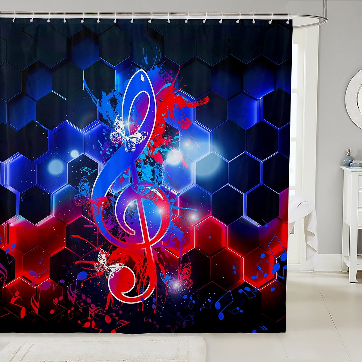 YST Musical Notes Shower Curtain Geometric Hexagon Bathroom Shower