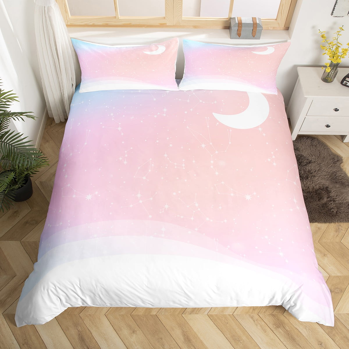 YST Mystic Stars Bed Set Boho Moon Duvet Cover, Pink Ombre Bedding Set