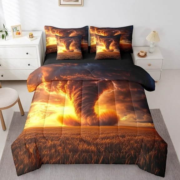 Nature Disaster 7 Pcs Comforter Set Queen Size,Golden Tornado Bed in a Bag with Flat Sheet and Fitted Sheet Teens Adult,Goth Cloud Bedding Set with Pillowcase and Sham Reversible