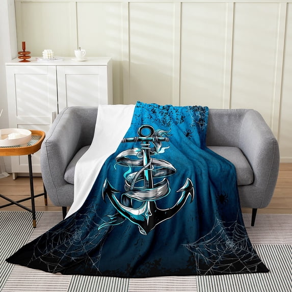 Nautical Anchor Blanket Man,Ocean Sailboat Navy Blue Throw Blanket Throw 50x60 Inch,Black Spider Web Fleece Blanket,Vintage Anchor Fuzzy Blanket for Home Room Decor