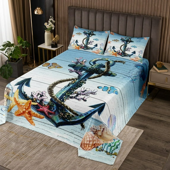 Nautical Anchor Coverlet King Size Ocean Themed Bedding Set, Starfish Jellyfish Bedspread Set Sea Fish Animal Quilt Set, Aesthetic Colorful Coral Bed Set Room Decoration
