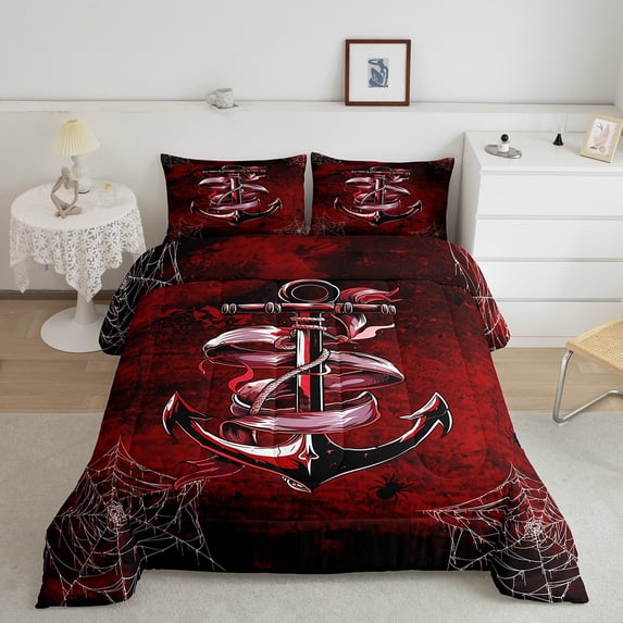 Nautical Anchor Full Bedding Sets Ocean Beach Theme Comforter Set Gothic Spider Web Red Black Ombre Bed Comforter Set Teen Men,Retro Grunge Coastal Quilt 2 Pillow Cases