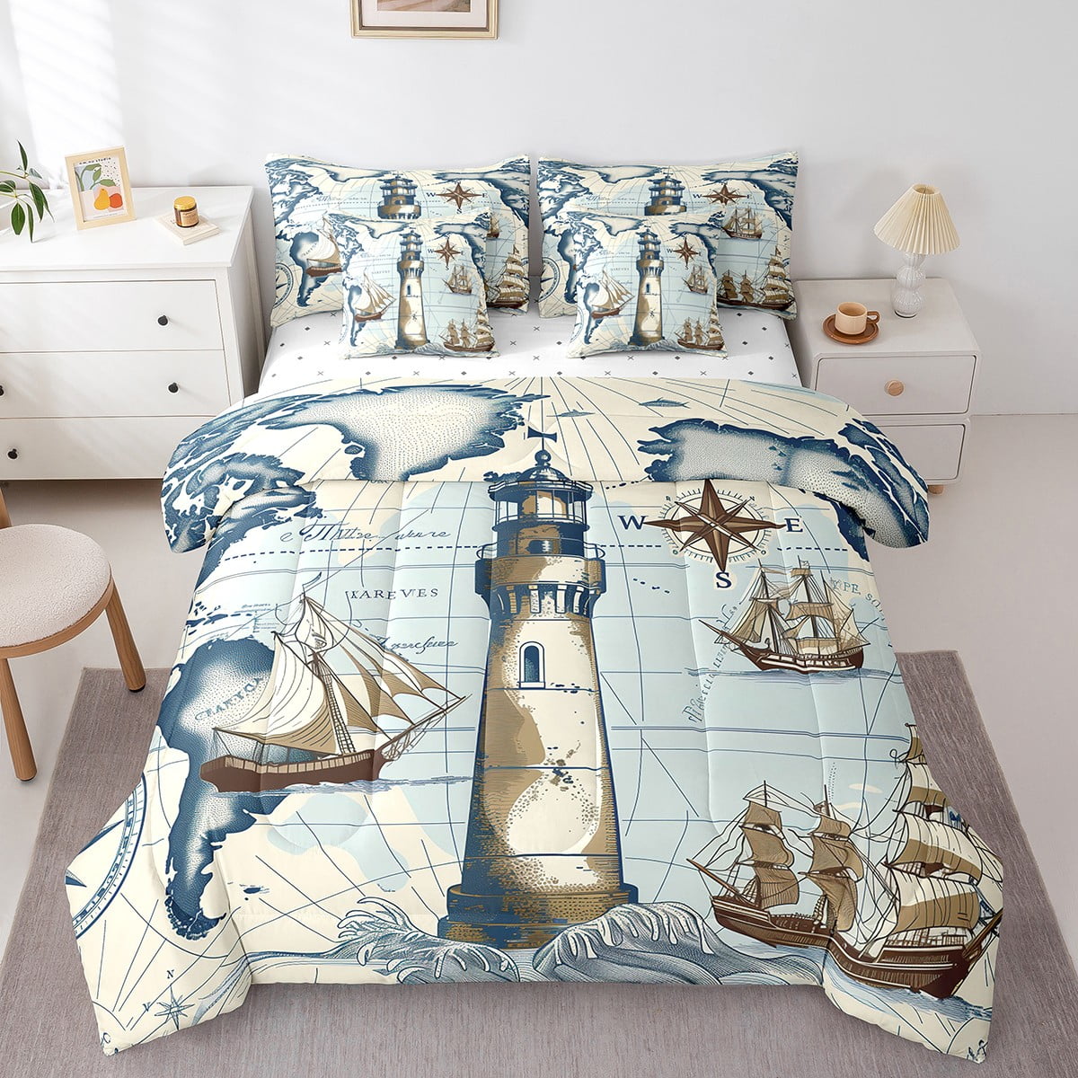 Nautical Theme Bed in a Bag 7 Pieces Vintage Lighthouse Bedding Set, Sailboat Compass King Size ...