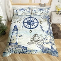 YST Nautical Theme Comforter Cover Ocean Sea Bed Set, Vintage Lighthouse Anchor Duvet Cover Retro Compass World Map Bedding Set Twin, Starfish Conch Seashell Bedspread Cover (Zipper Closure)