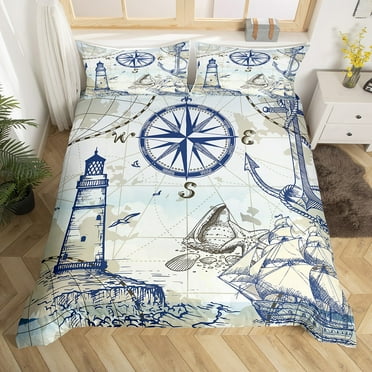 YST Nautical Theme Comforter Cover Ocean Sea Bed Set, Vintage Lighthouse Anchor Duvet Cover Retro Compass World Map Bedding Set Twin, Starfish Conch Seashell Bedspread Cover (Zipper Closure)