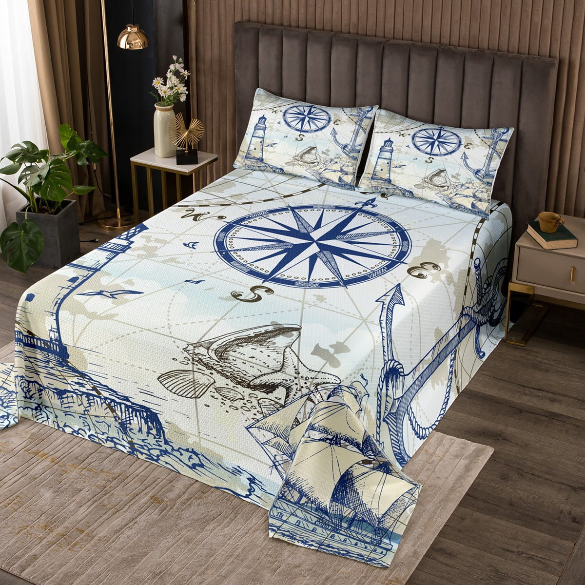 YST Nautical Theme Coverlet Queen Size Ocean Sea Bedding Set, Vintage