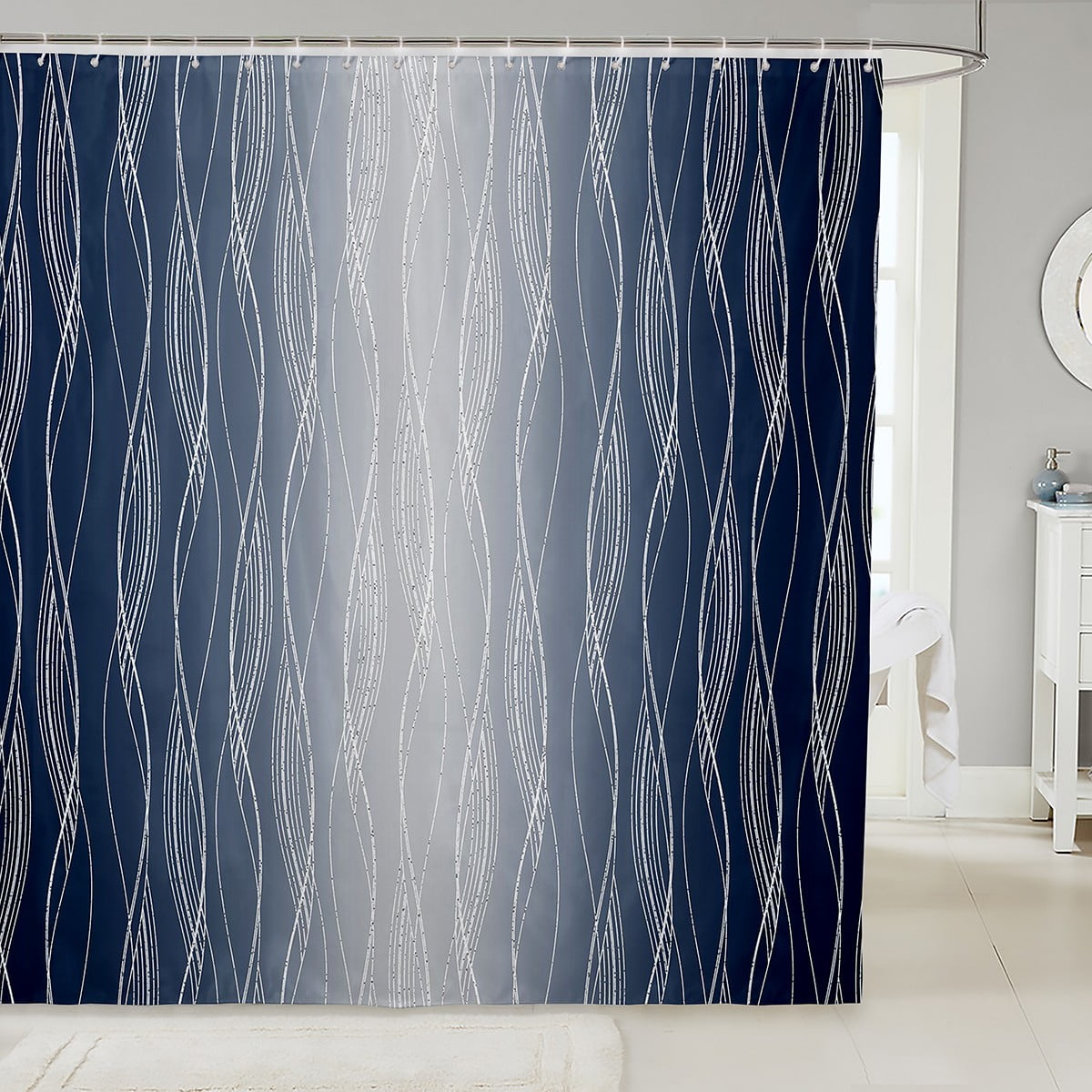 YST Navy Blue And Greyish White Bath Curtain Teen Boys Abstract