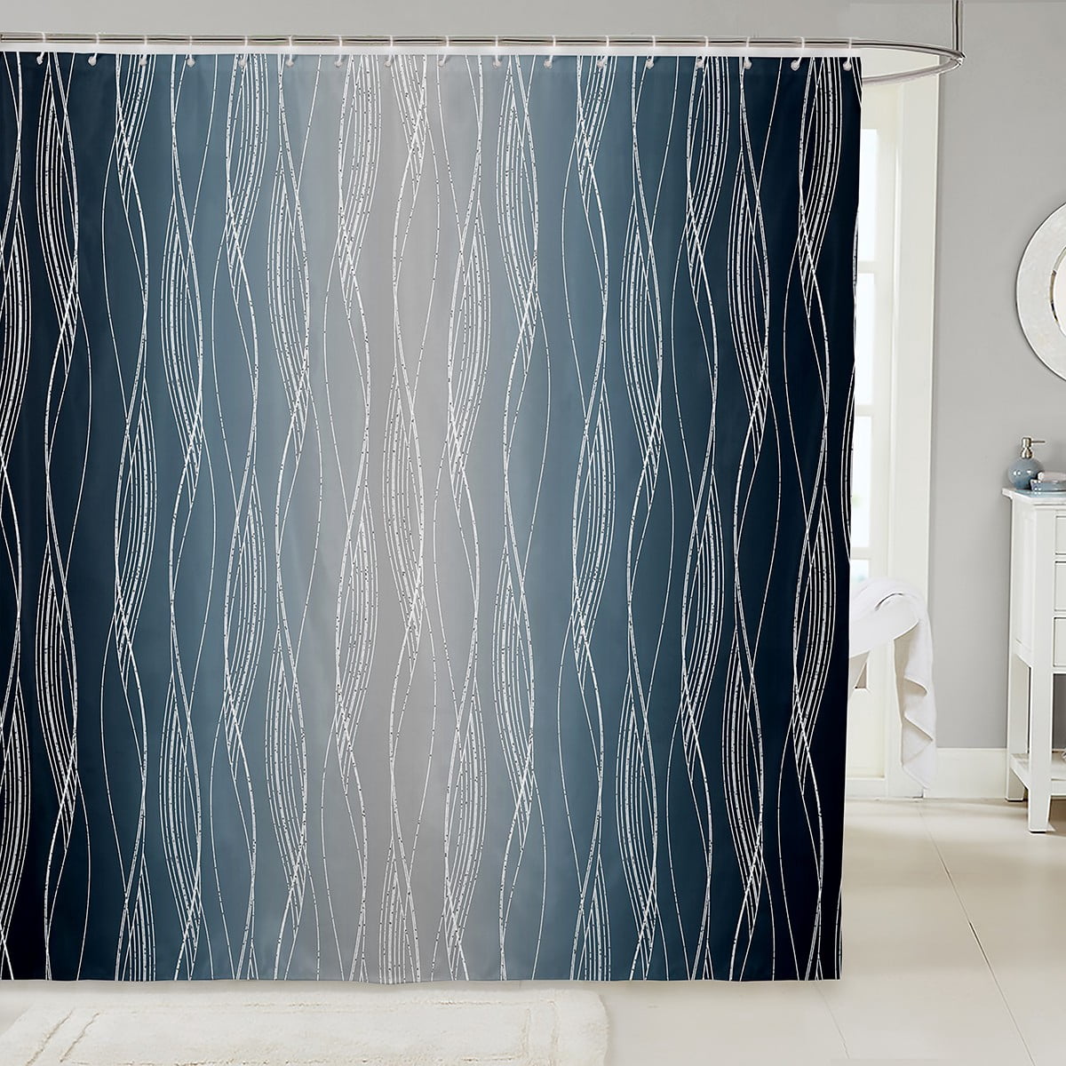 YST Navy Blue And Greyish White Ombre Bath Curtain Geometric Gradient ...