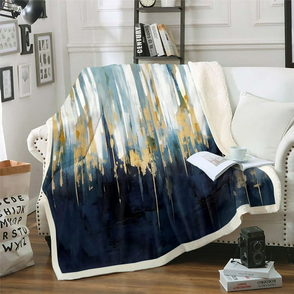Navy Blue Blanket Graffiti Ombre Throw Blanket for Bed, Brush Strokes Oil Painting Fleece Blanket Modern Contemporary Sherpa Blanket, Chic Vintage Abstract Gradient Fuzzy Blanket