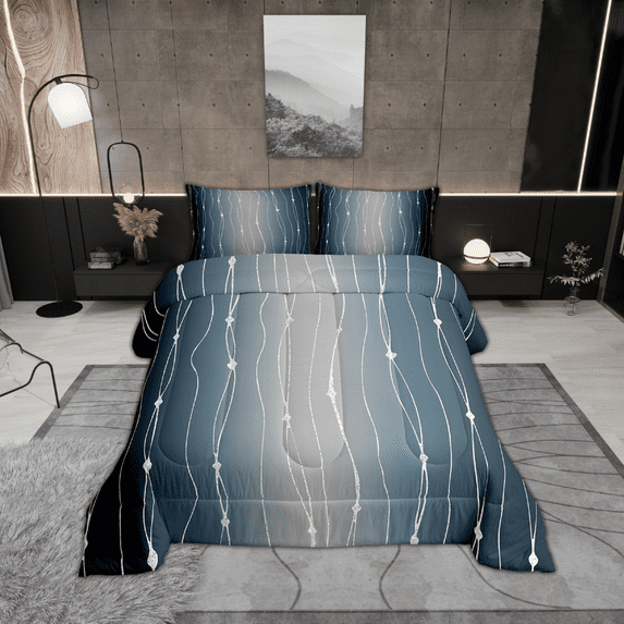 Navy Blue and Grey Comforter Full Men Abstract Aesthetic Bedding Set, Dot and Wave Line Down Comforter Gradient Ombre Bed Set Watercolor Geometric Quilted Duvet