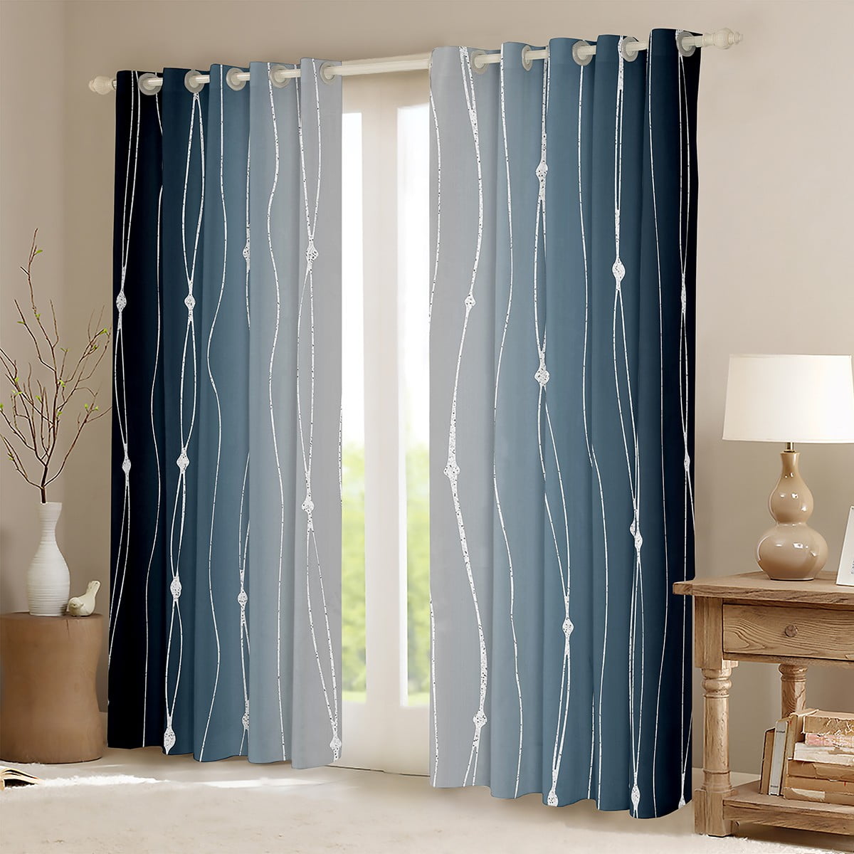 Navy Blue and Grey Curtains Men Abstract Aesthetic Curtains & Drapes, Dot and Wave Line 30%-50% ...