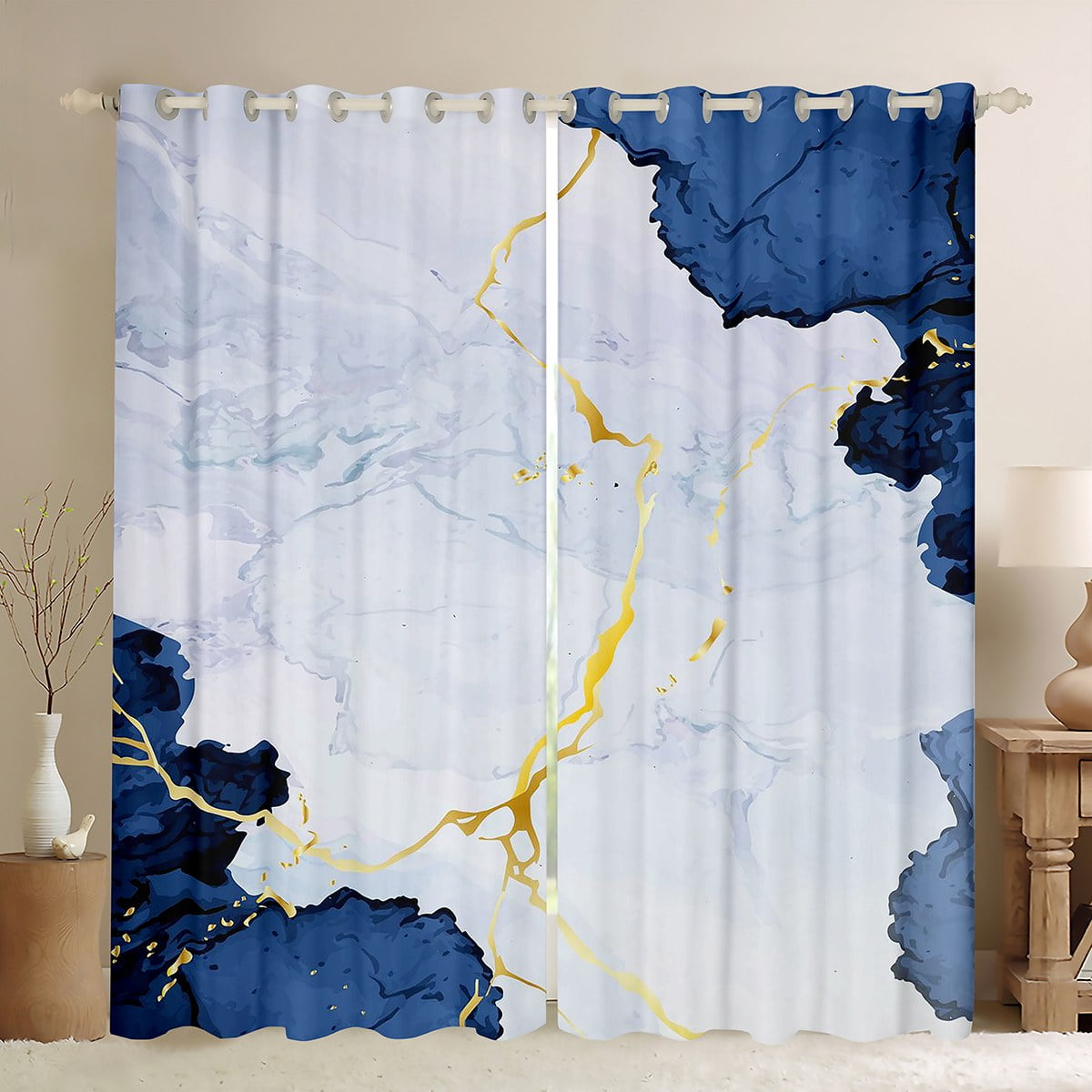 YST Navy Blue Marbling Blackout Curtains Abstract Marble Curtains ...