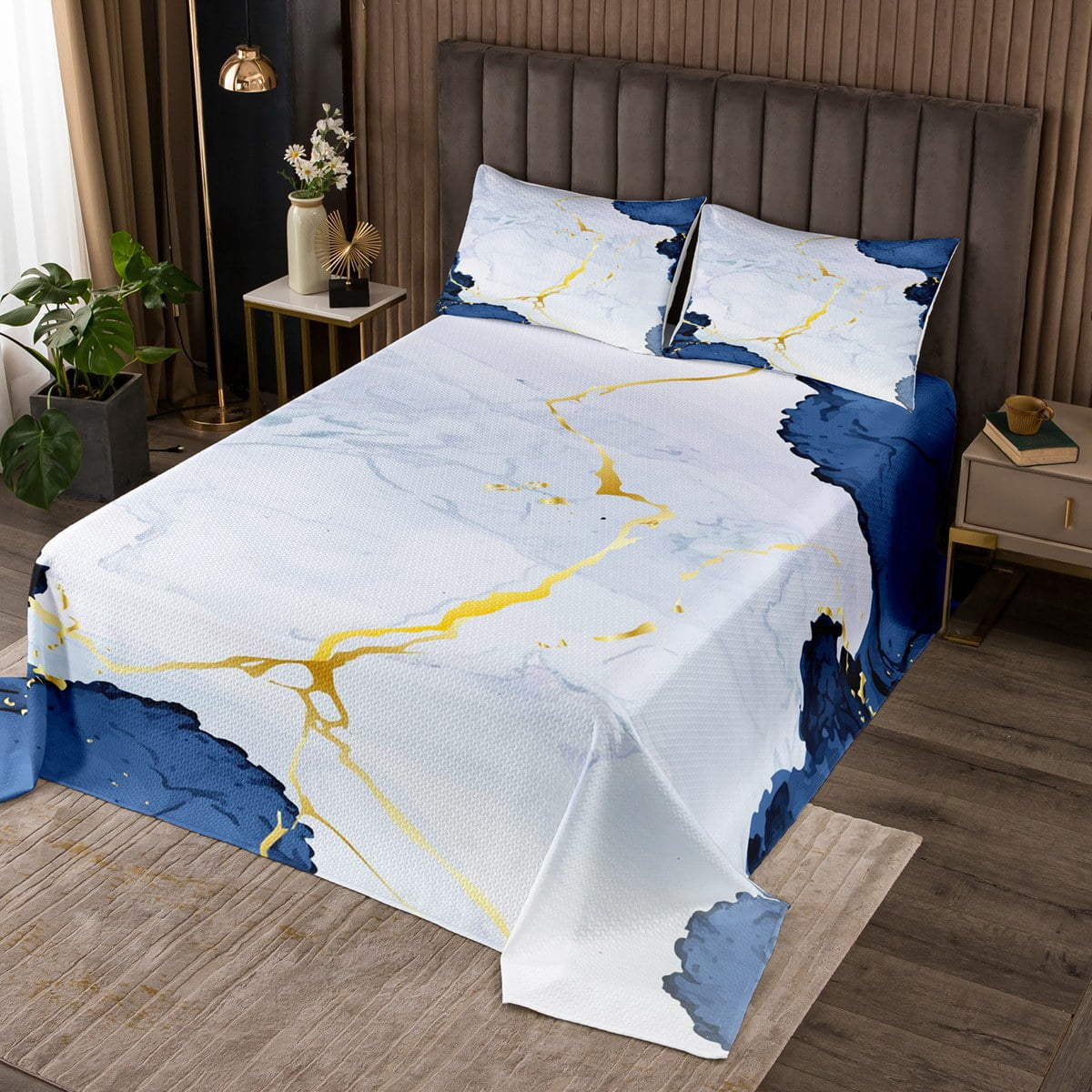 YST Navy Blue Marbling Coverlet Twin Size Abstract Marble Bedding Set