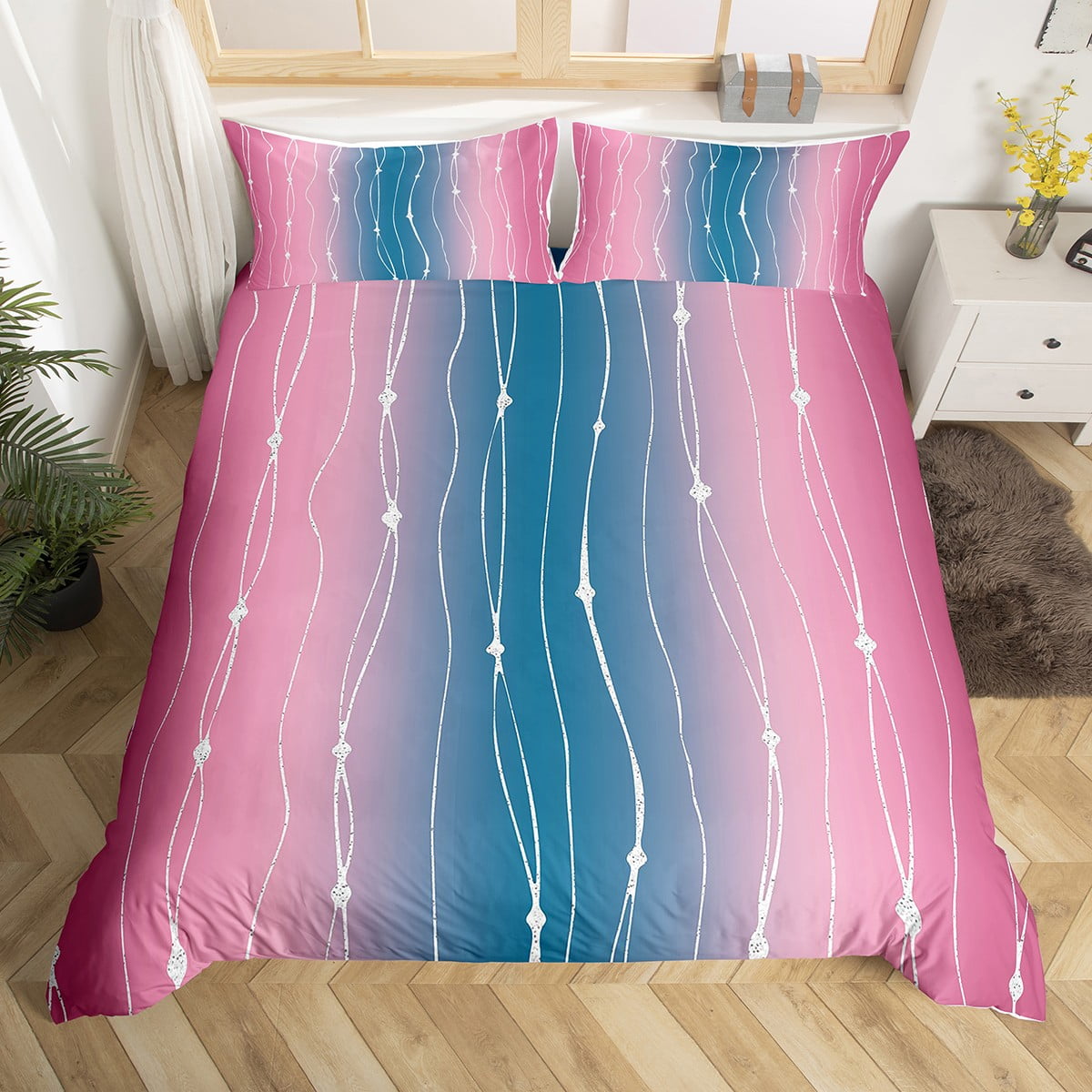 YST Navy Blue Pink Ombre Bedding Sets Queen Geometric Abstract