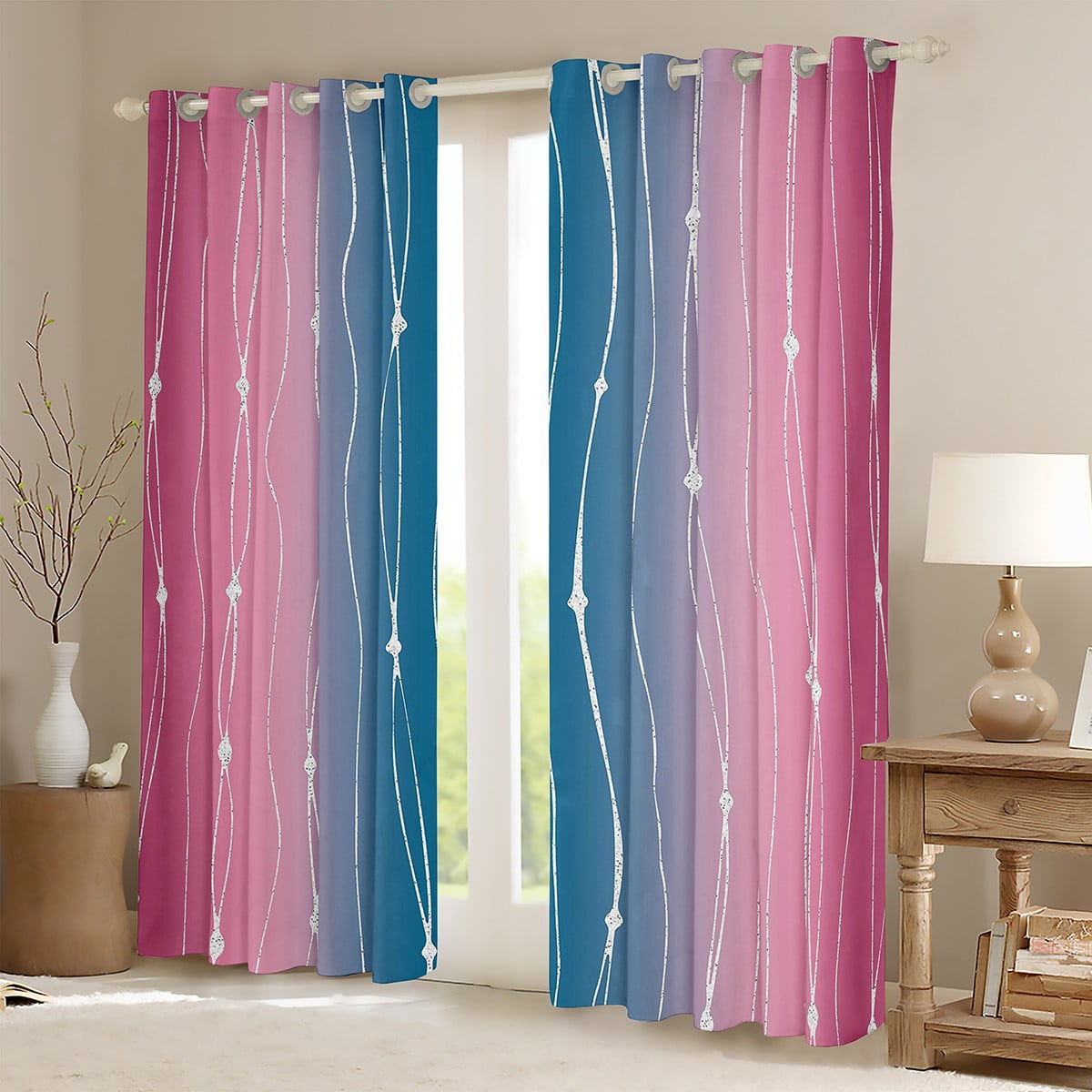 Erosebridal Navy Blue Pink Ombre Curtains & Drapes Geometric Abstract Blackout Curtains, Modern Wave Dots Curtains Gradient Watercolor Black Out Curtains, Aesthetic Lines Striped Window Drapes