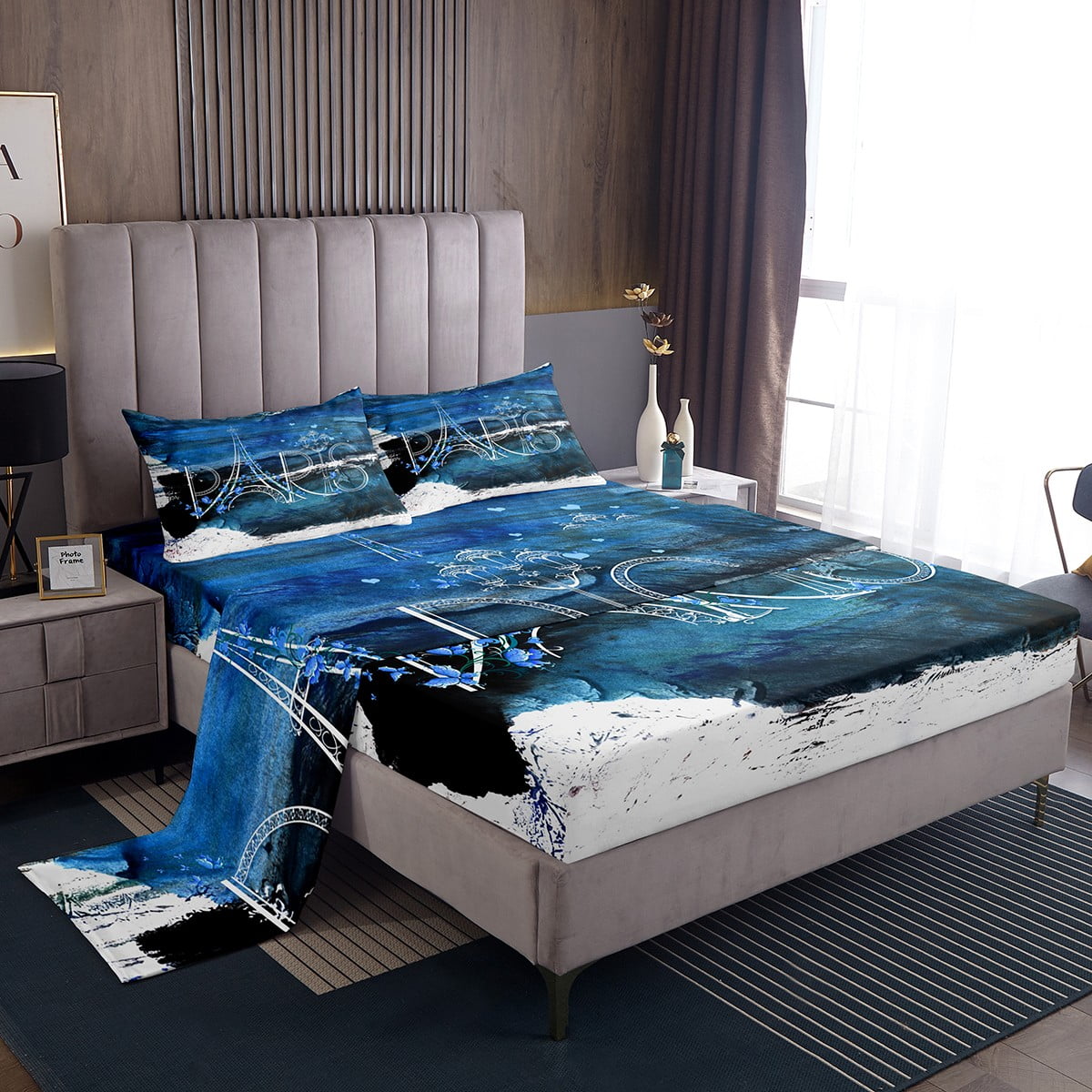 YST Navy Blue Tie Dye Queen Sheets Oil Painting Bed Set, Paris Eiffel