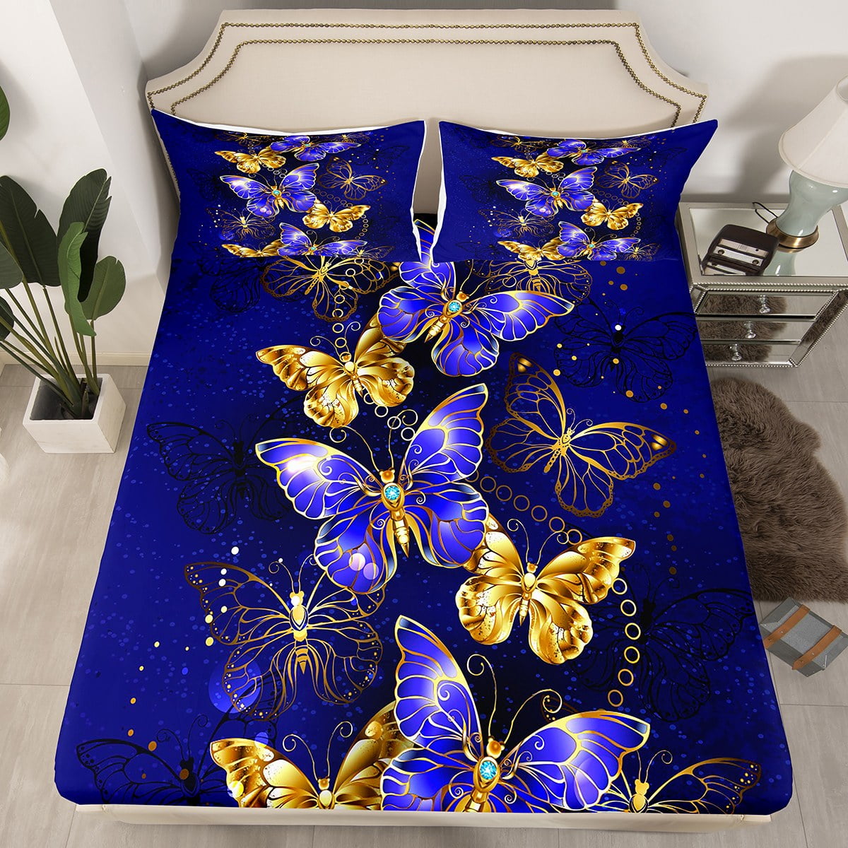 YST Navy Purple Queen Sheets Blue Gold Butterfly Bed Sheets for Girls