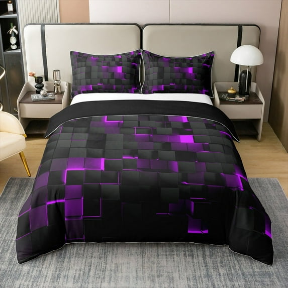 Neon Black Purple 100% Cotton Comforter Cover King Abstract Geometric Grid Checkered Bedding Set Teen Women Glowing Stereoscopic Plaid Duvet Cover 3D Square Quilt Cover