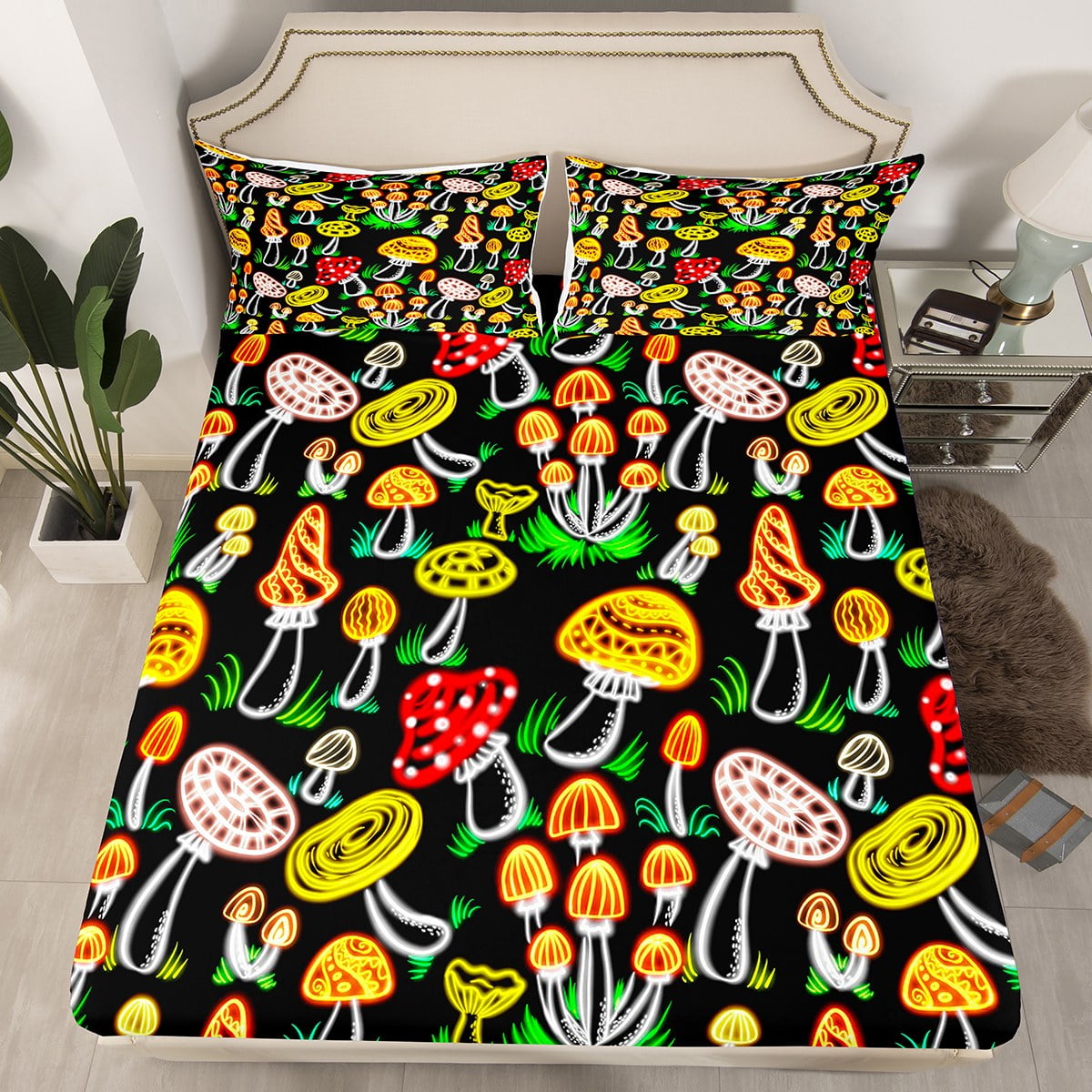 YST Neon Glowing Mushroom Bed Sheets Red Yellow Black Fitted Sheet Full