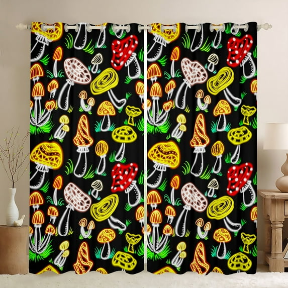 Neon Glowing Mushroom 30%-50% Blackout Curtains Red Yellow Black Curtains & Drapes, Cute Cartoon Fungus Curtains Gradient Mushrooms Black Out Curtains, Wild Botanical Plants Window Drapes