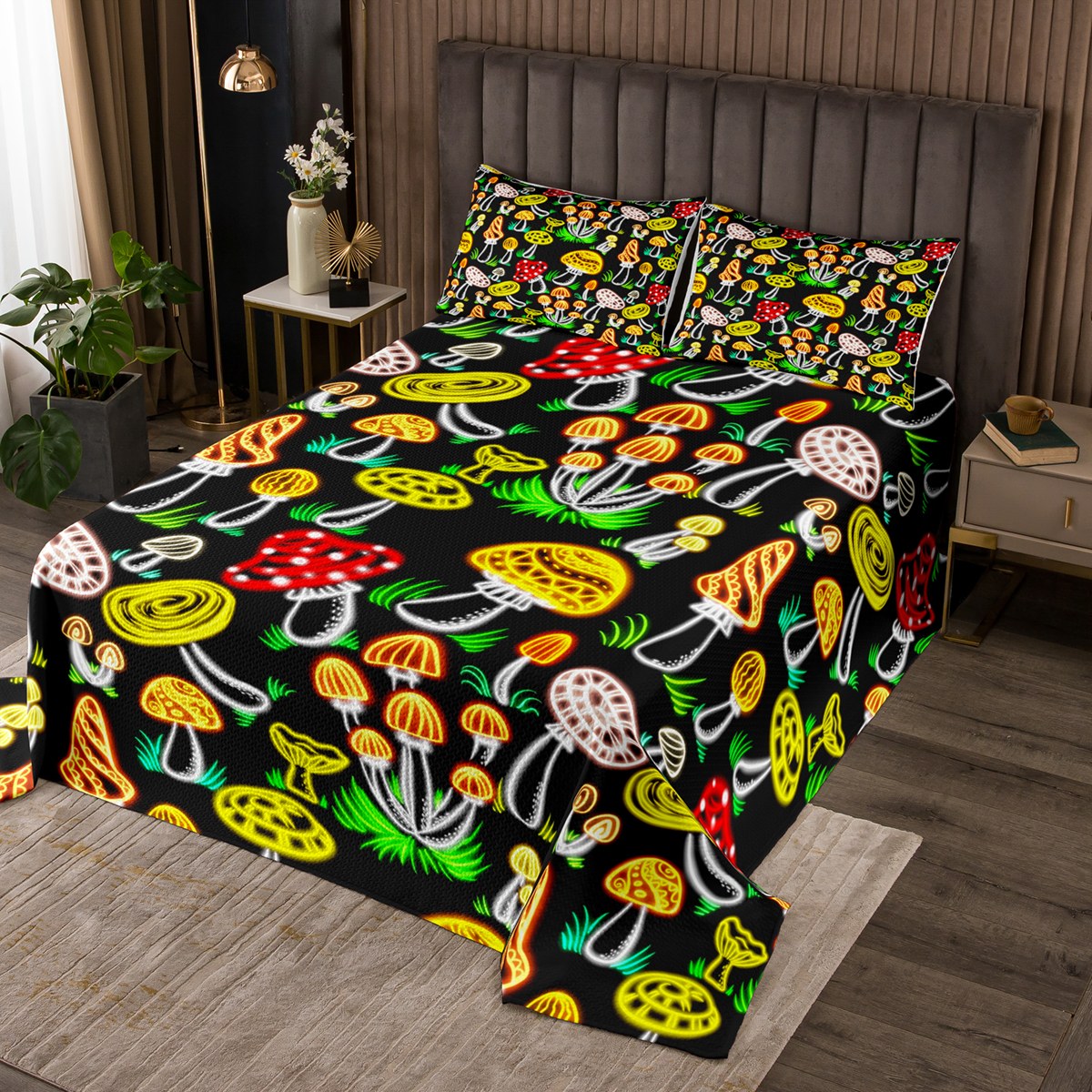 YST Neon Glowing Mushroom Coverlet Twin Size Red Yellow Black Bedding