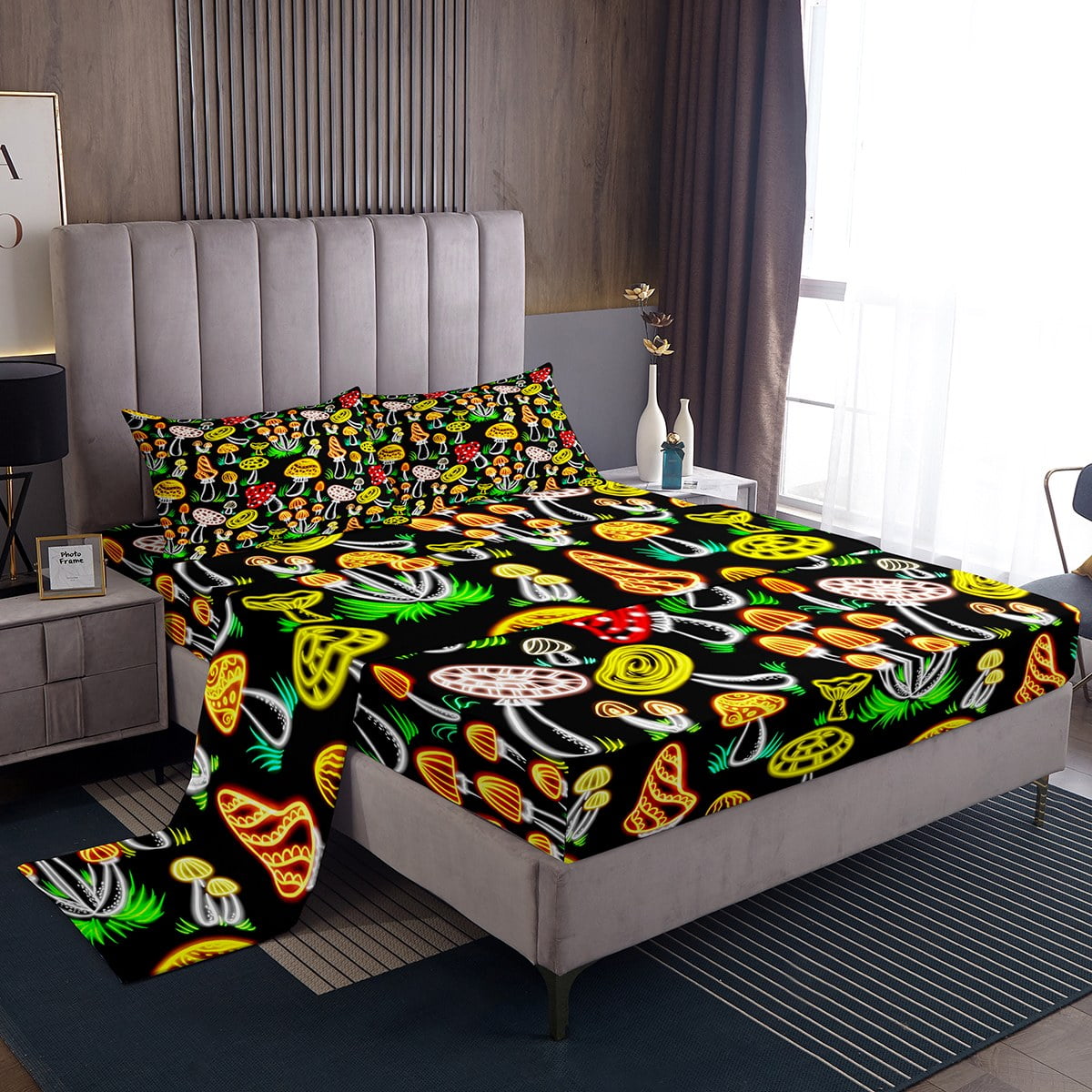 YST Neon Glowing Mushroom King Sheets Red Yellow Black Bed Set, Cute