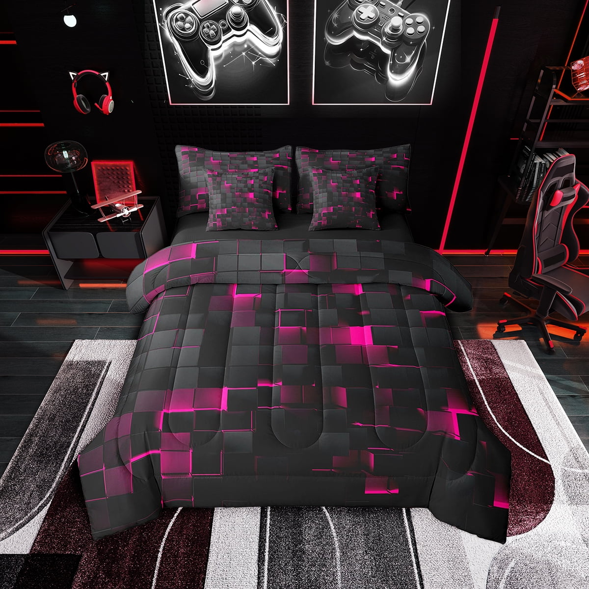 Neon Hot Pink Black Comforter Set 7 Piece Twin Geometric Checkered Bed in a  bag Women,Abstract Plaid Grid Bedding Comforter Sets Stereoscopic Brick  Wall Design Bed Set - Walmart.com, image size:1200x1200
