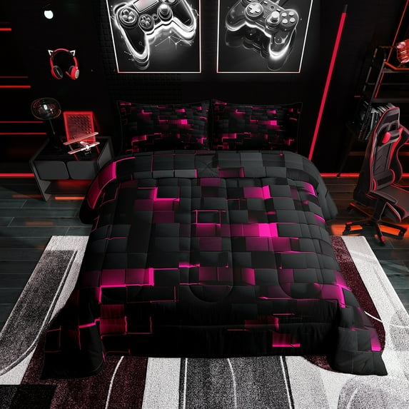 Neon Hot Pink Black Comforter Set Full Geometric Checkered Bedding Set Teen Women,Abstract Plaid Grid Bedding Comforter Sets Stereoscopic Brick Wall Design Quilt Set