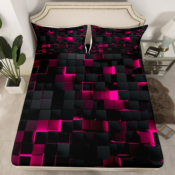 Erosebridal Neon Hot Pink Black Fitted Sheet Queen Geometric Checkered Bedding Set Teen Women,Abstract Plaid Grid Bed Sheets Stereoscopic Brick Wall Design Bed Cover