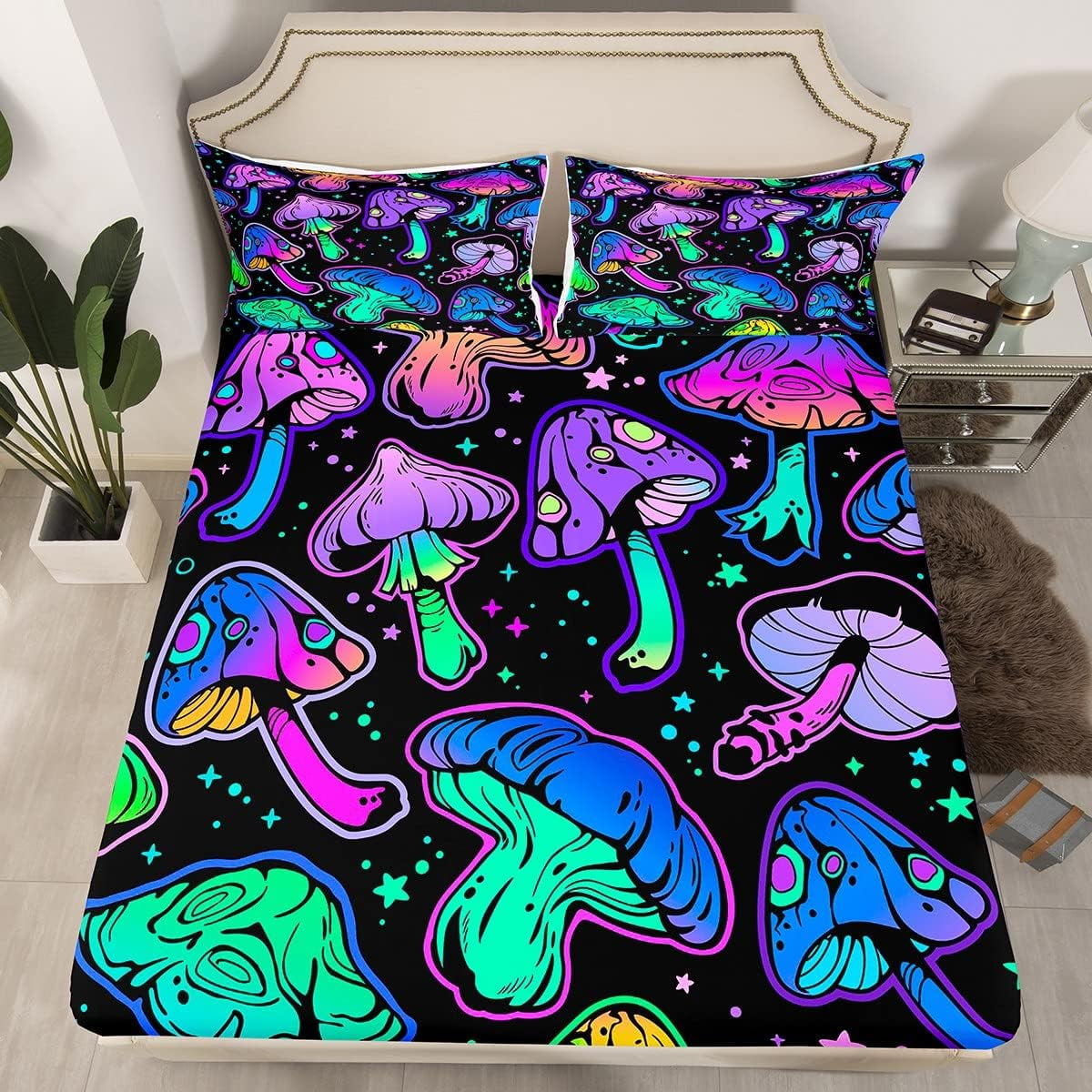 YST Neon Mushroom Sheets Cute Kawaii Mushroom Fitted Sheet Queen