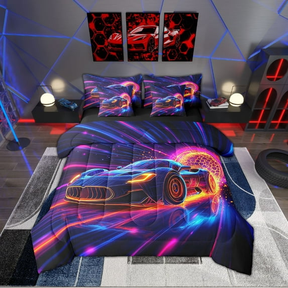 Neon Racing Car Twin Comforter Set With Sheets Cool Sports Car Bedding Set Teen Men,Honeycomb Race Car 7 Piece Bed In A Bag Geometric Racing Games Bedding Comforter Sets