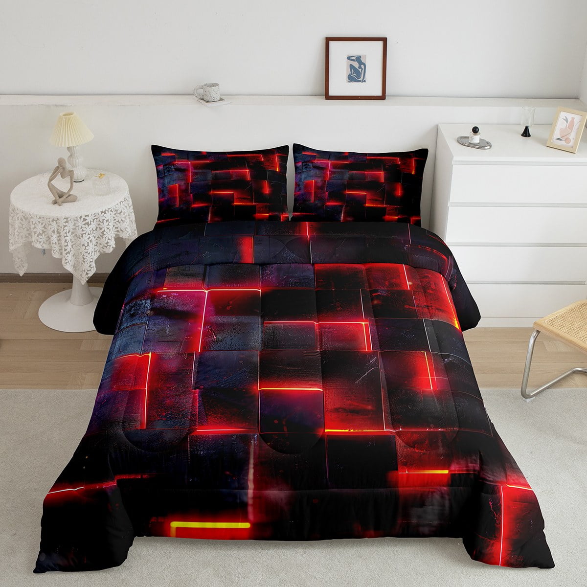YST Neon Red and Black Twin Comforter Set for Boys Girls,3D Checkered