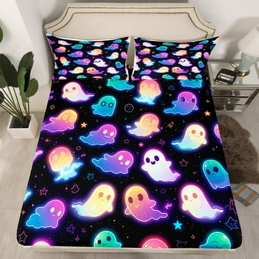 Erosebridal Neon Spooky Animal Bed Sheets Gradient Ghost Fitted Sheet Twin Size, Glowing Twinkle Stars Bedding Halloween Theme Sheet, Happy Festival Present Bed Cover (Deep Pocket)