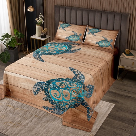 Erosebridal Ocean Animal Coverlet Queen Size Sea Turtle Bedding Set, Wild Animals Bedspread Set Brown Old Barn Door Quilt Set, Coastal Beach Bed Set Rustic Lodge Cabin Farmhouse Decor Breathable