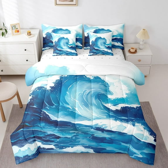 Ocean King Bed In A Bag 7 Piece Blue Sea Comforter Set Watercolor Ocean Waves Bedding Set With Pillow Covers Adults Hawaii Tropical Ocean Sheet Set With Comforter