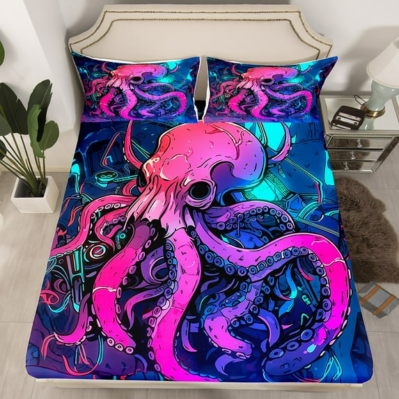 Octopus Bedding Set Cartoon Ocean Animal Fitted Sheet Room Decor, Sea Tentacles Twin Bed Sheets for Octopus Lovers Gifts Soft Microfiber Sheets,Purple Blue